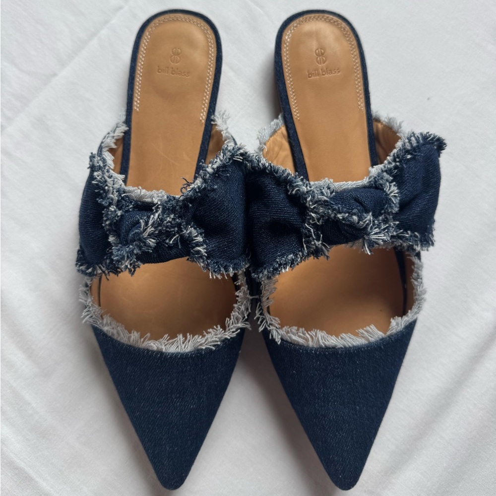 Bill Blass Blue and Tan Mules with Frayed Denim
